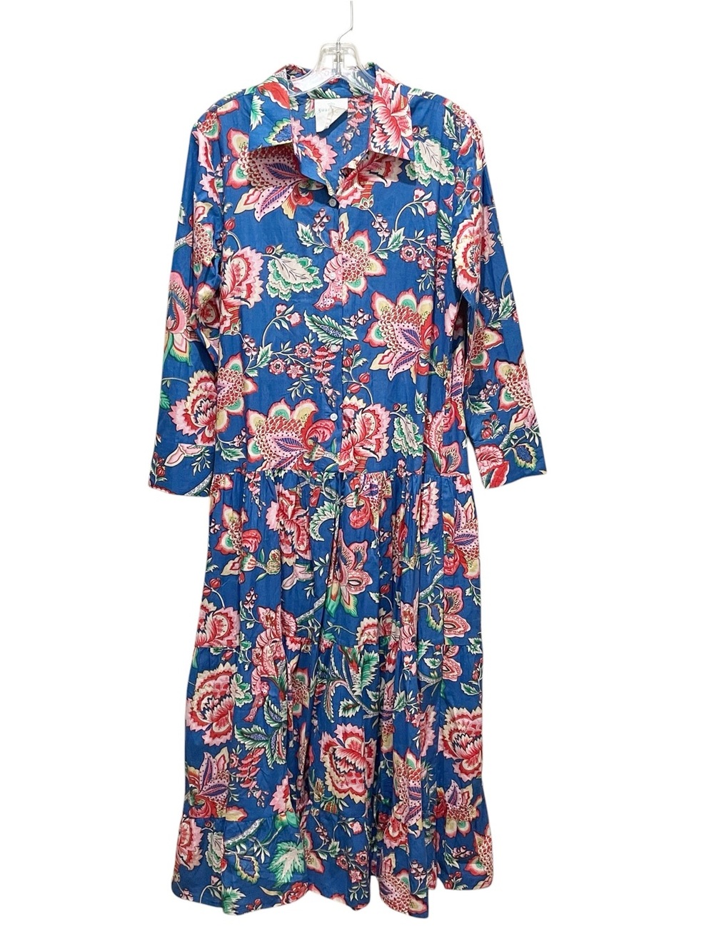 Guadalupe Meredith Peony Blue Floral Button Front Cotton Midi Dress Size Medium